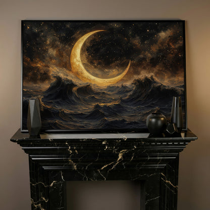 Crescent Moon Over Stormy Ocean Canvas Wall Art in black floating frame