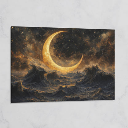 Crescent Moon Over Stormy Ocean Canvas Wall Art on gallery wrap