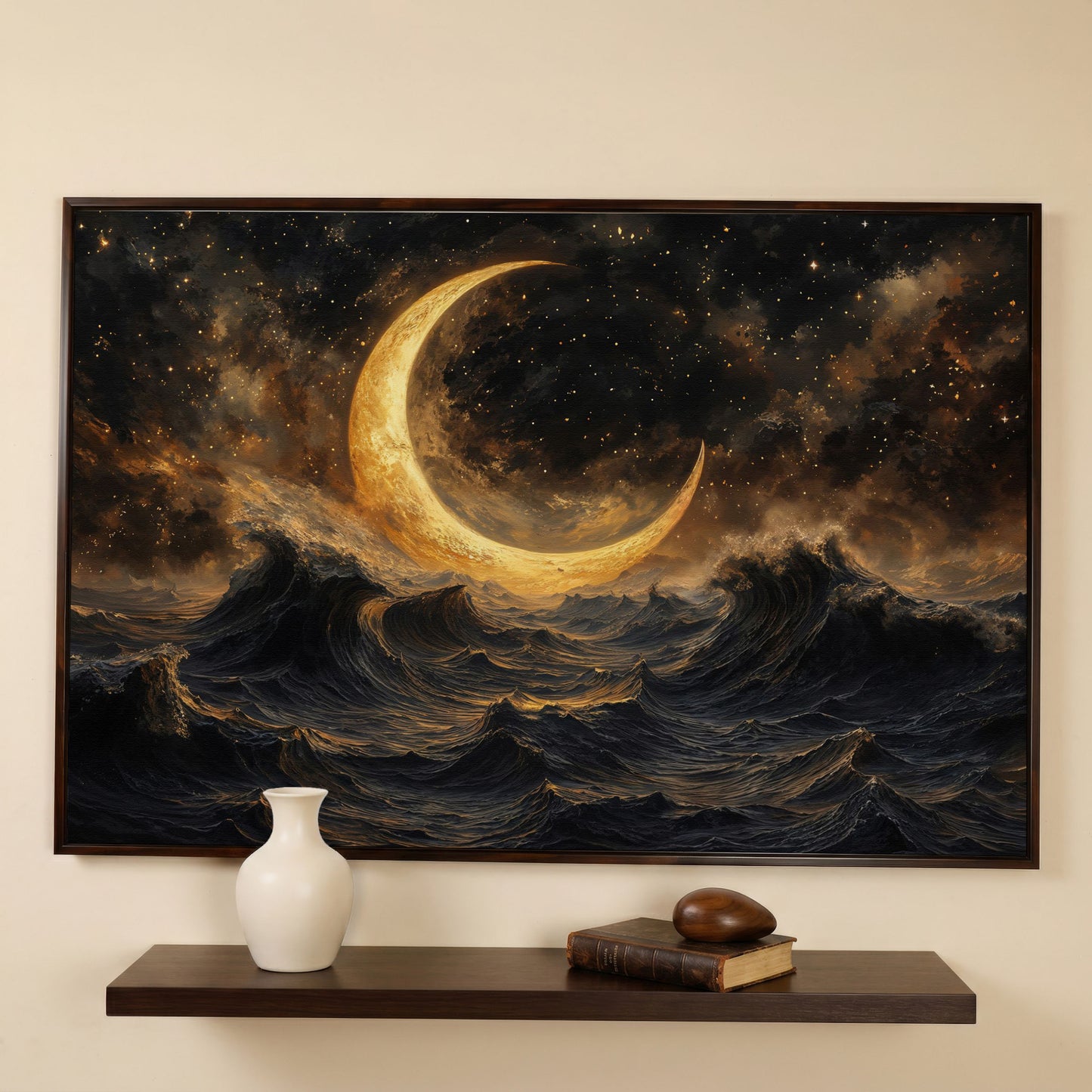 Crescent Moon Over Stormy Ocean Canvas Wall Art in dark walnut floating frame