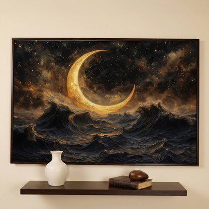 Crescent Moon Over Stormy Ocean Canvas Wall Art in dark walnut floating frame