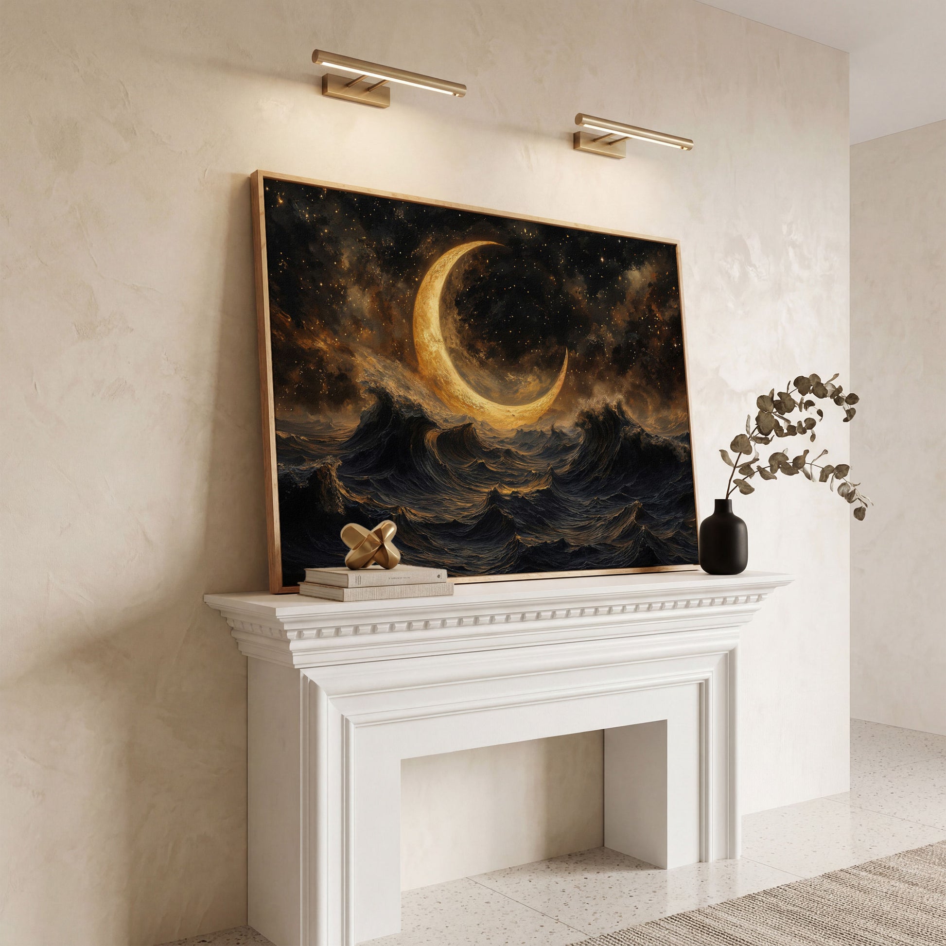 Crescent Moon Over Stormy Ocean Canvas Wall Art in white oak floating frame