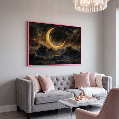 Crescent Moon Over Stormy Ocean Canvas Wall Art in pink floating frame