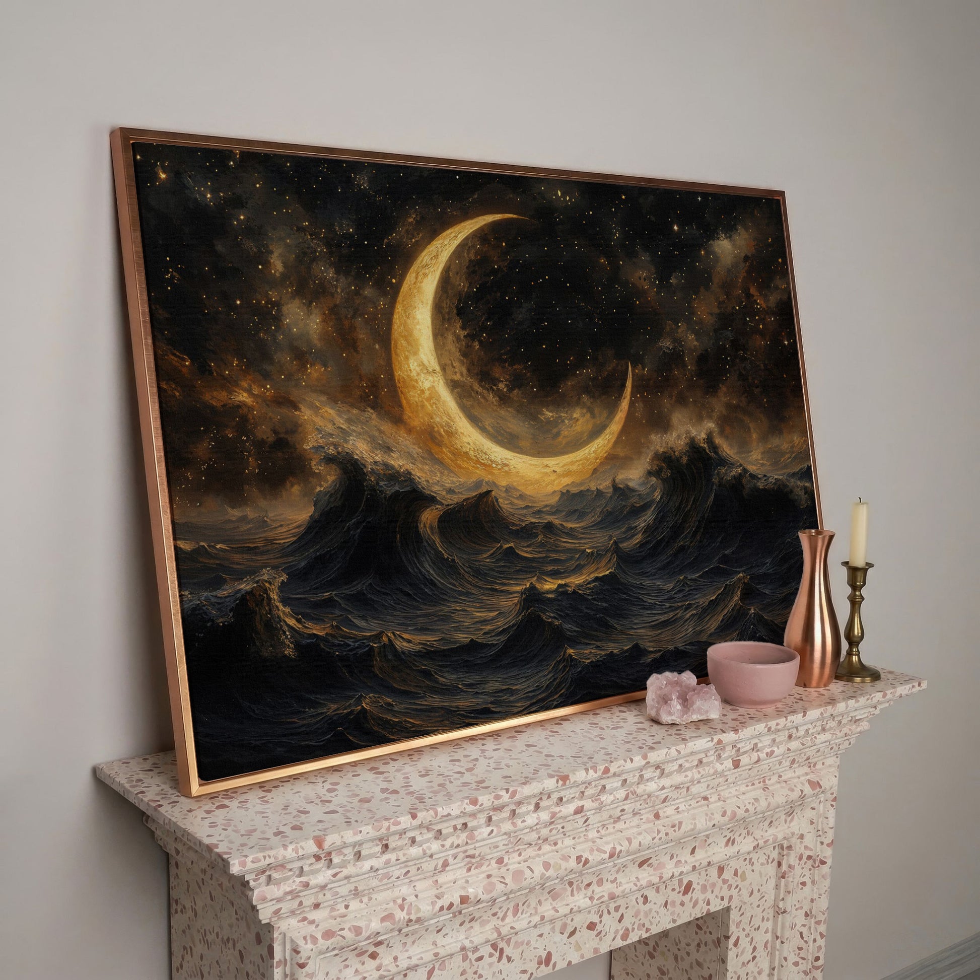 Crescent Moon Over Stormy Ocean Canvas Wall Art in rose gold floating frame