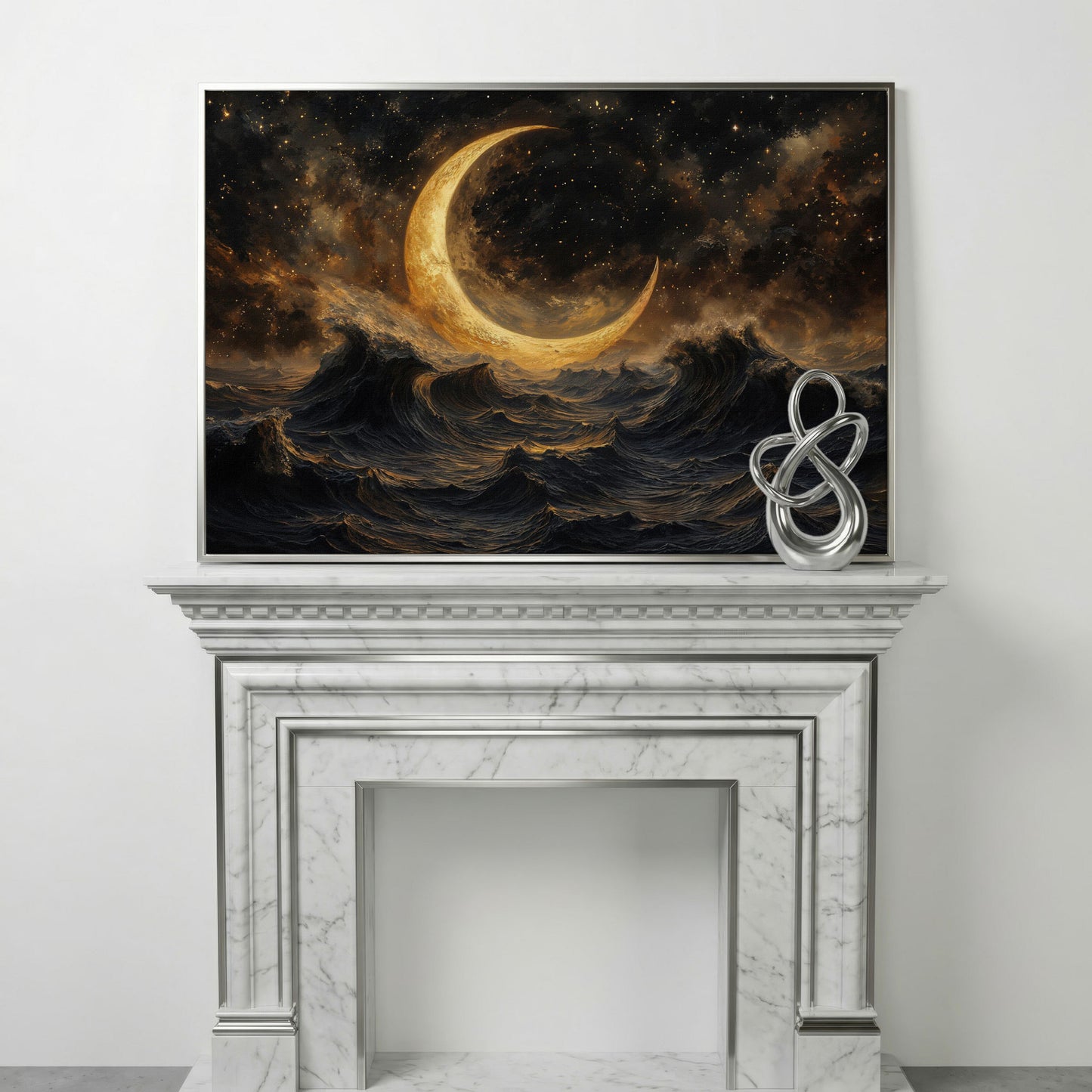 Crescent Moon Over Stormy Ocean Canvas Wall Art in silver floating frame