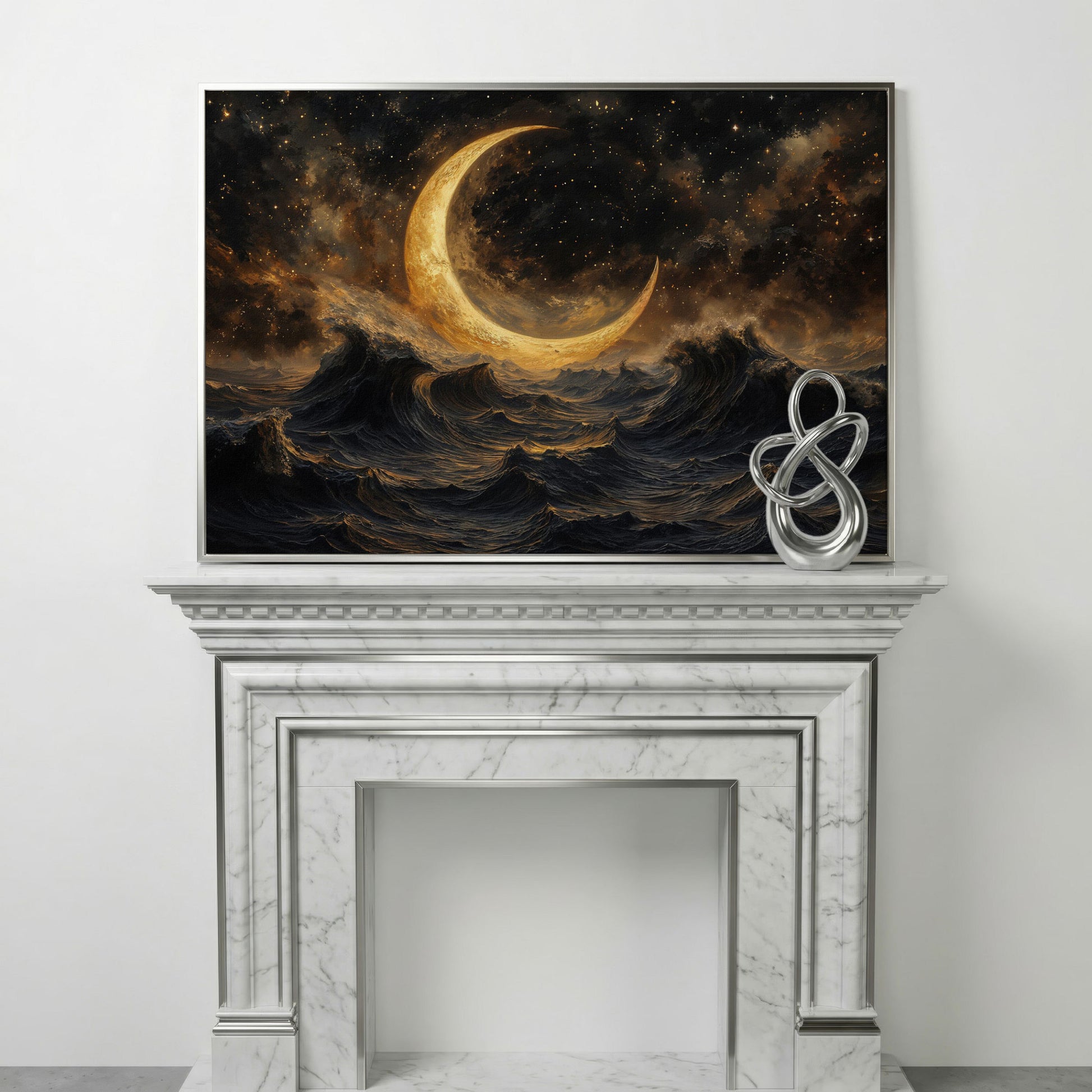 Crescent Moon Over Stormy Ocean Canvas Wall Art in silver floating frame