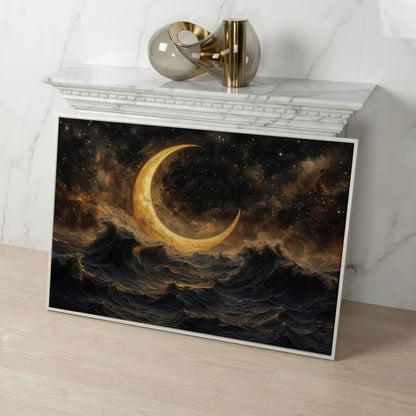 Crescent Moon Over Stormy Ocean Canvas Wall Art in white floating frame