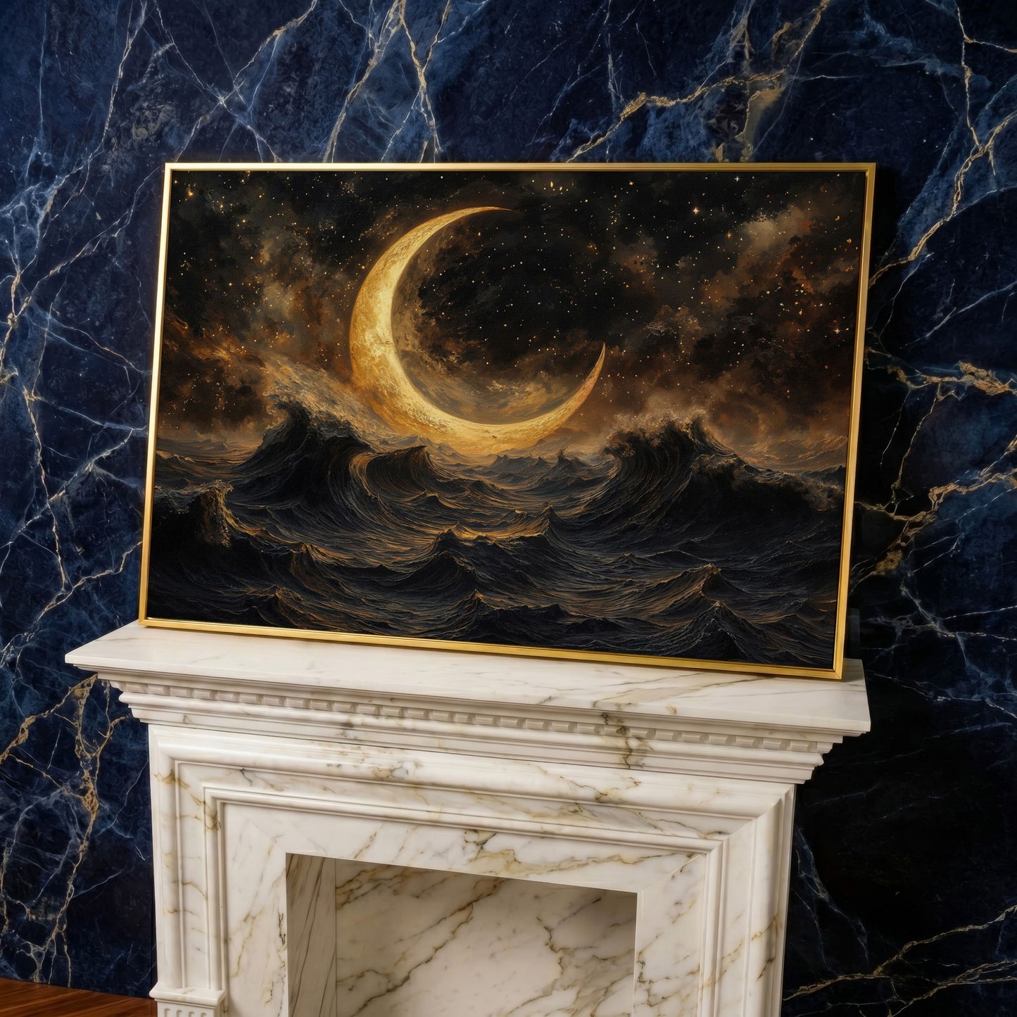 Crescent Moon Over Stormy Ocean Canvas Wall Art in yellow gold floating frame