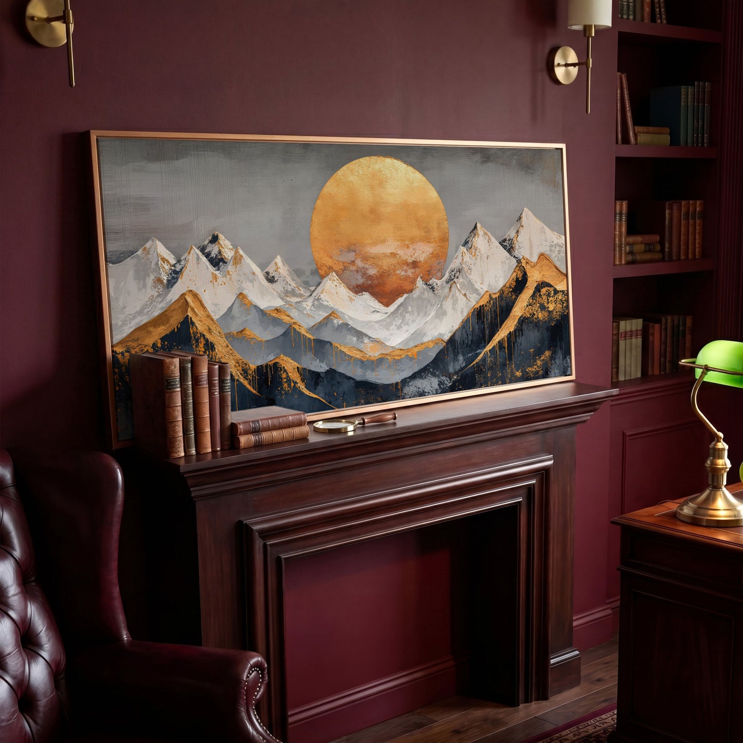 Golden Sun Over Mountains Canvas in antique gold floating frame