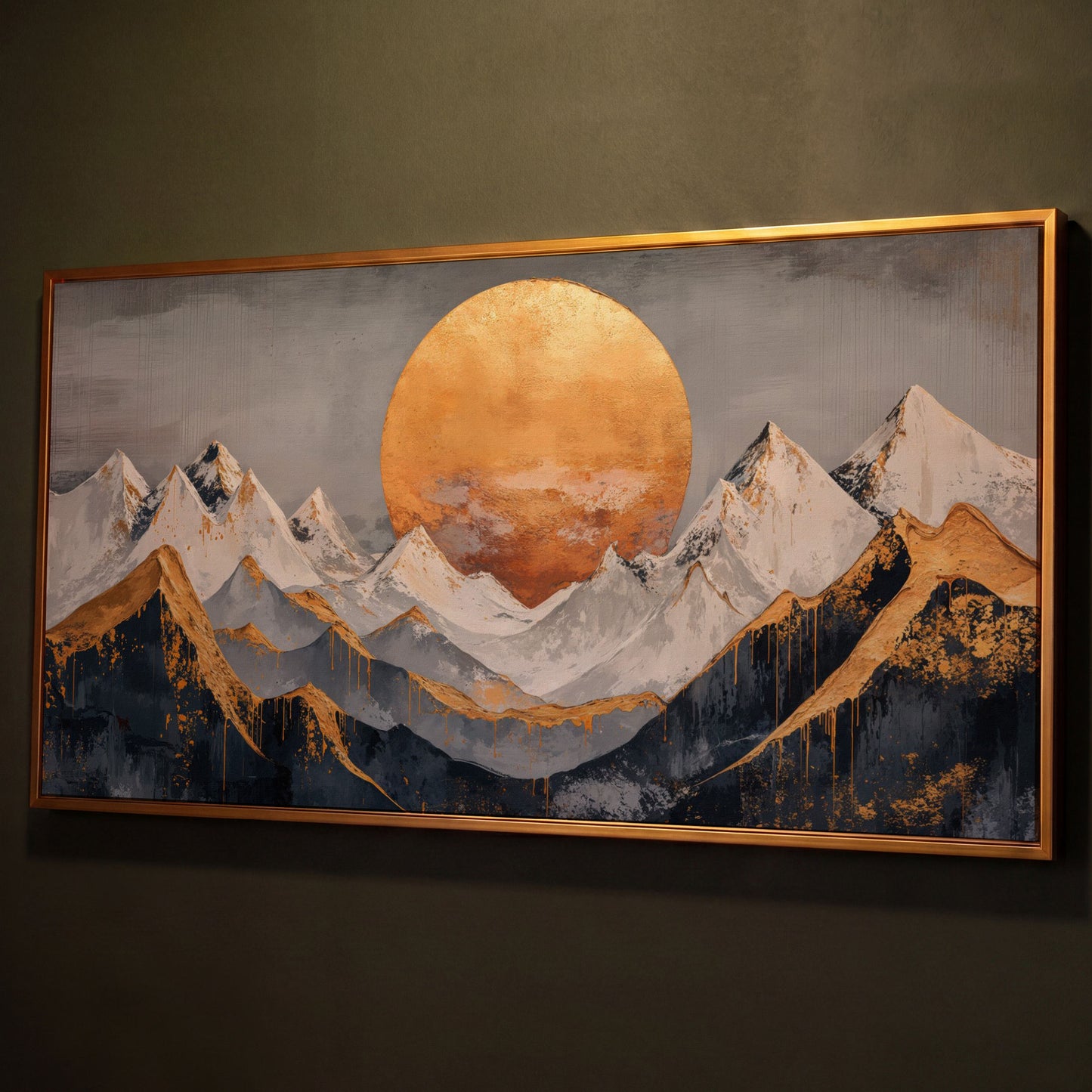 Golden Sun Over Mountains Canvas shown in antique gold floating frame