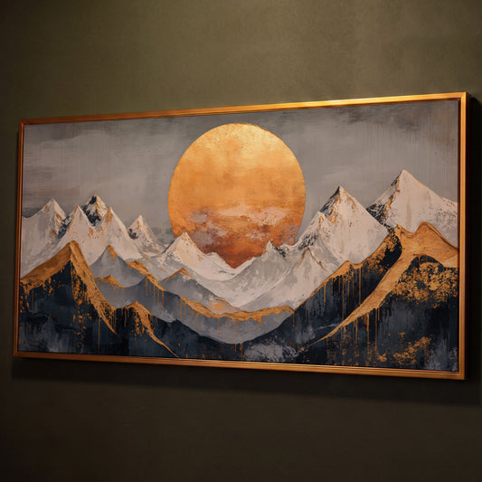 Golden Sun Over Mountains Canvas shown in antique gold floating frame