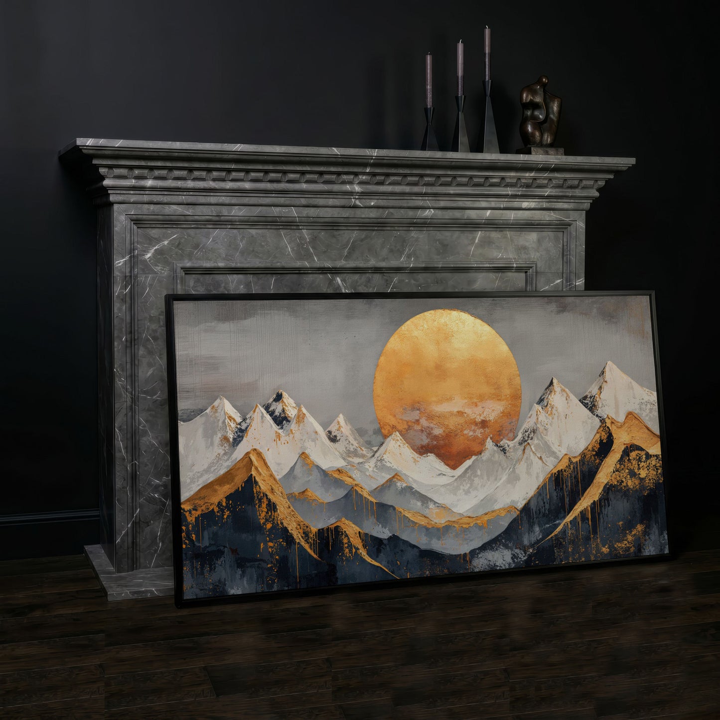 Golden Sun Over Mountains Canvas in black floating frame