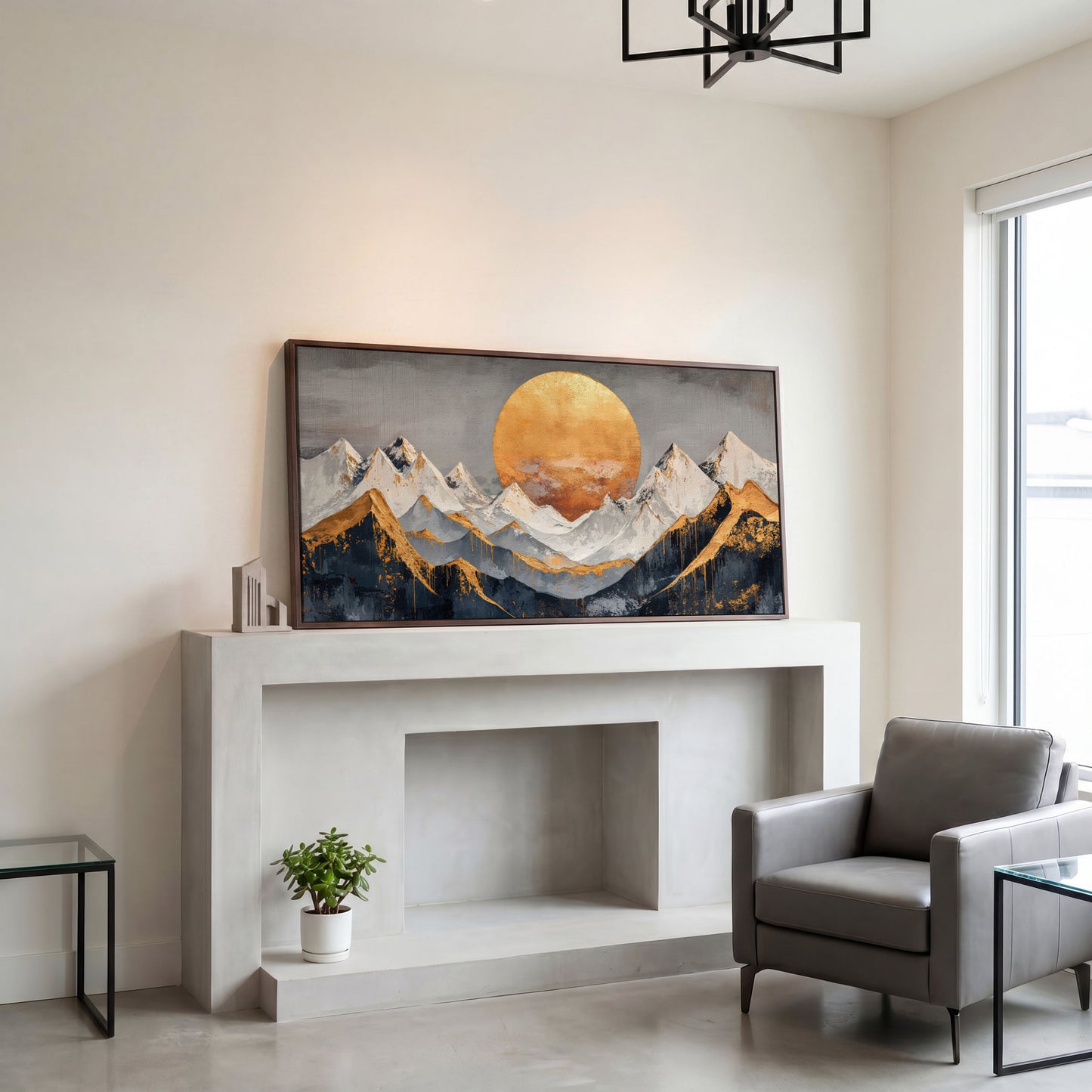 Golden Sun Over Mountains Canvas in dark walnut floating frame