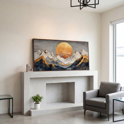 Golden Sun Over Mountains Canvas in dark walnut floating frame