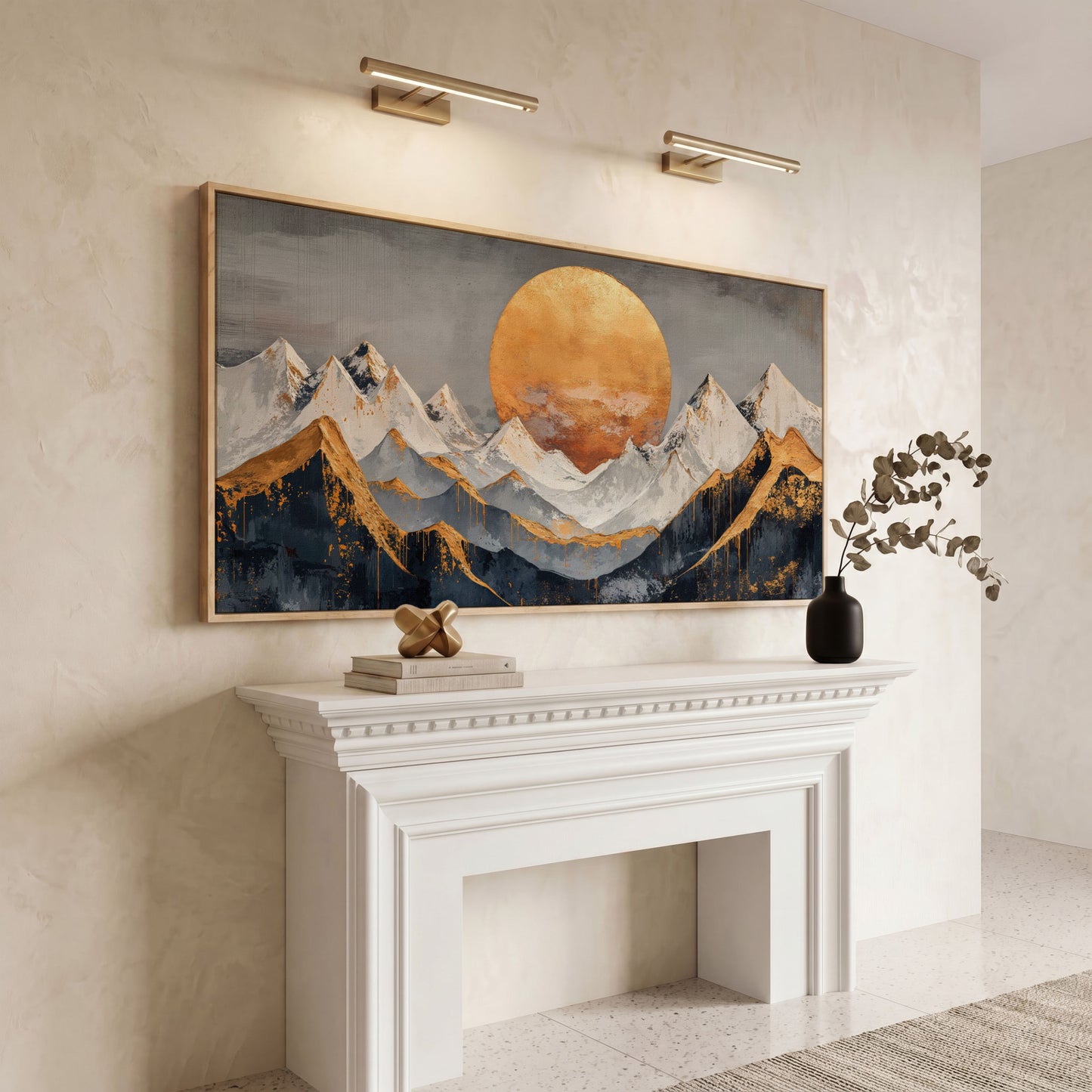 Golden Sun Over Mountains Canvas in white oak floating frame