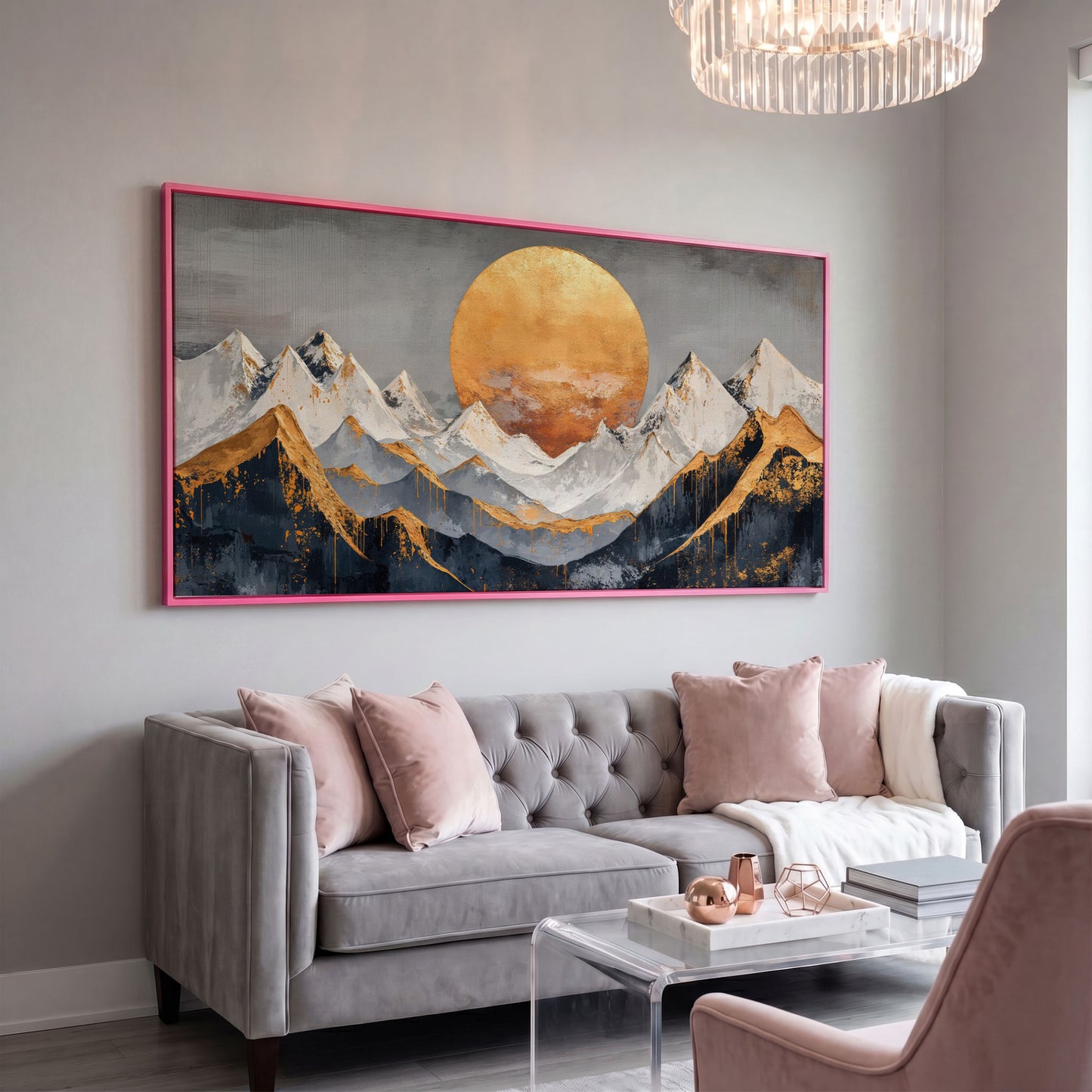 Golden Sun Over Mountains Canvas in pink floating frame