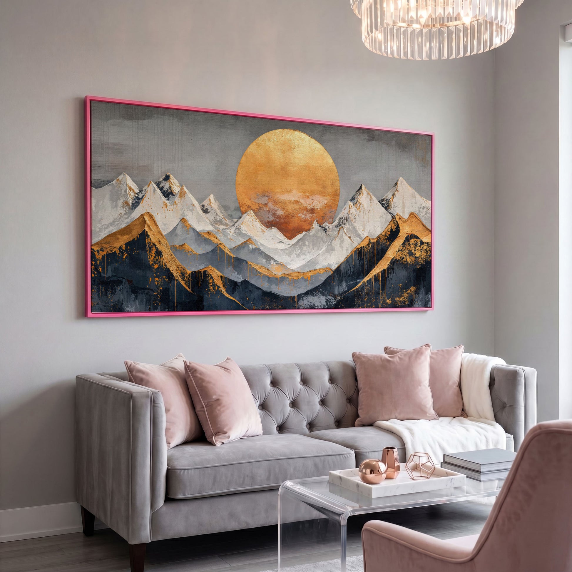Golden Sun Over Mountains Canvas in pink floating frame