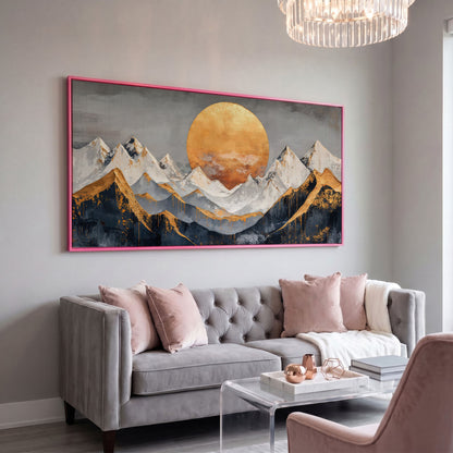 Golden Sun Over Mountains Canvas in pink floating frame