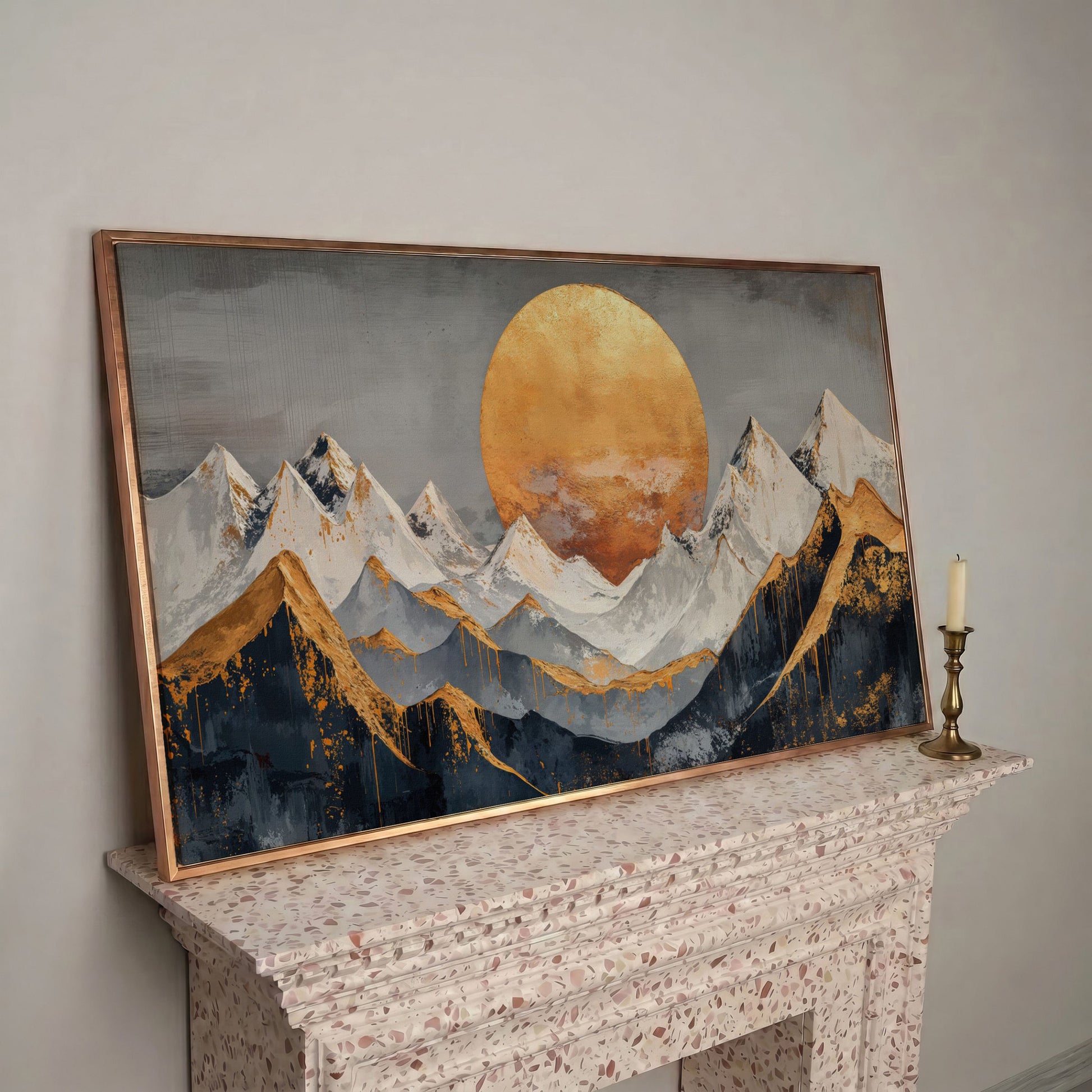 Golden Sun Over Mountains Canvas in rose gold floating frame
