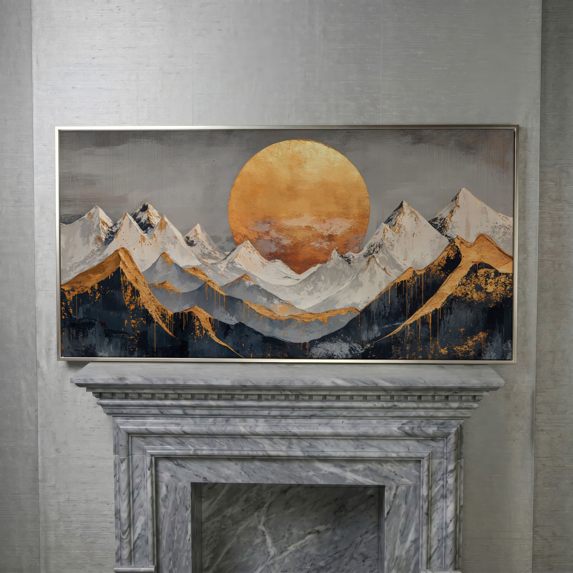 Golden Sun Over Mountains Canvas in silver floating frame