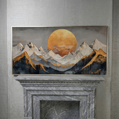 Golden Sun Over Mountains Canvas in silver floating frame