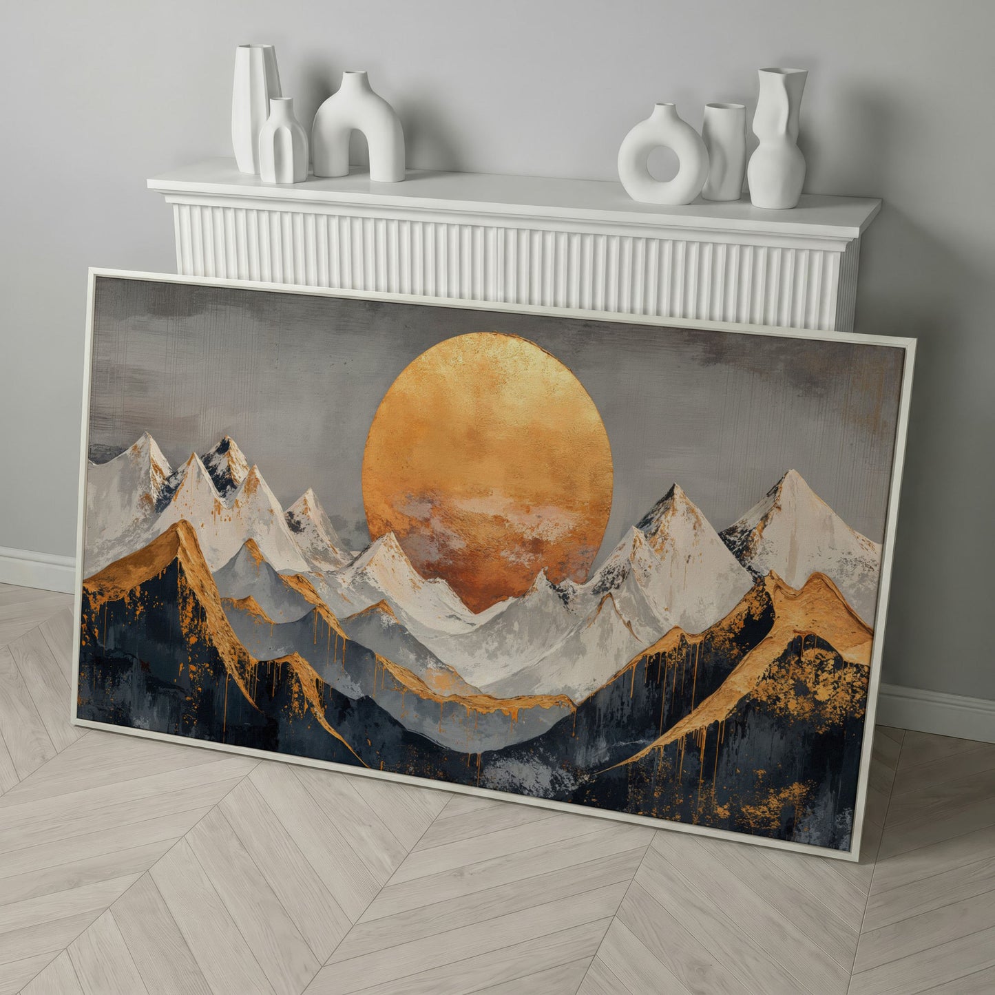 Golden Sun Over Mountains Canvas in white floating frame