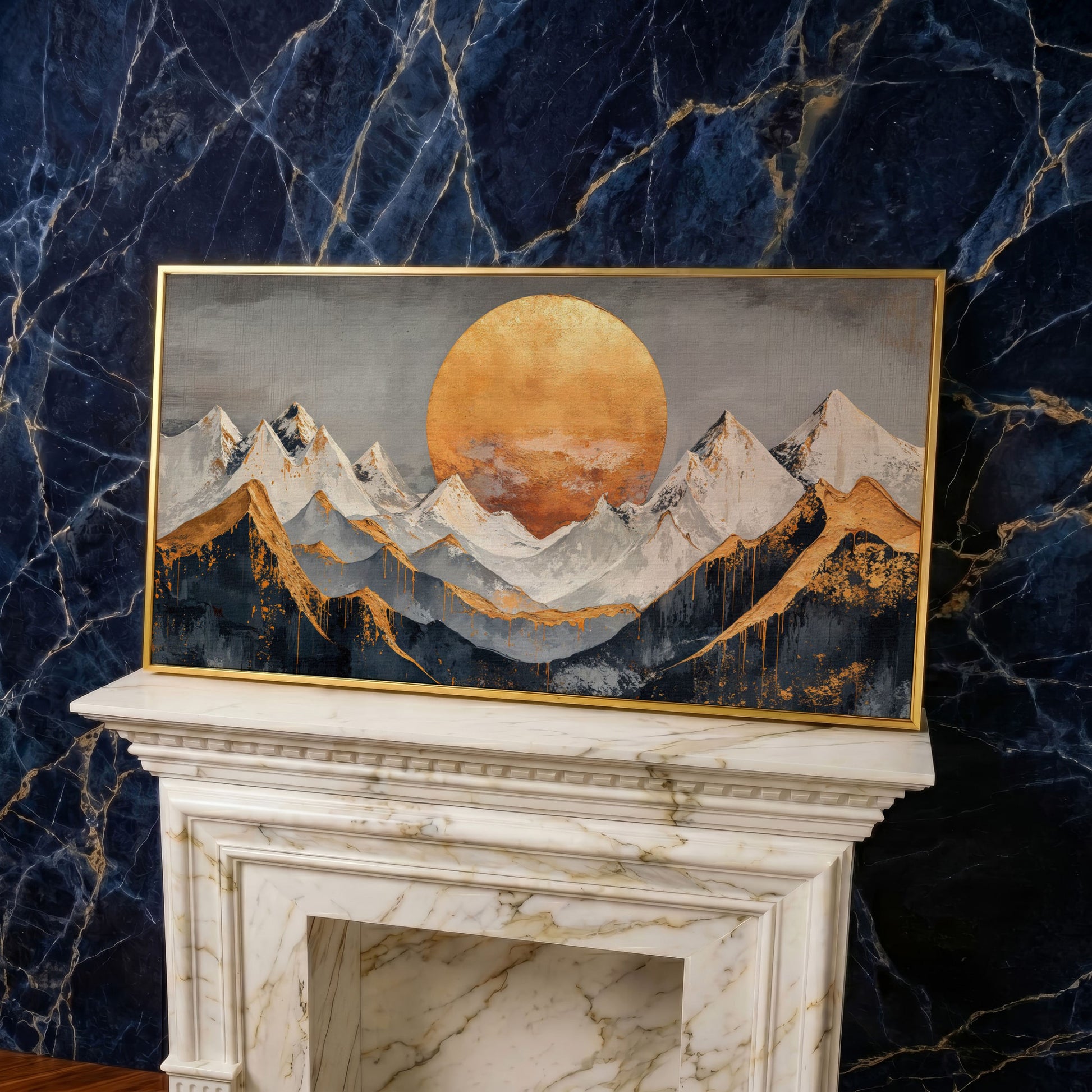 Golden Sun Over Mountains Canvas in yellow gold floating frame