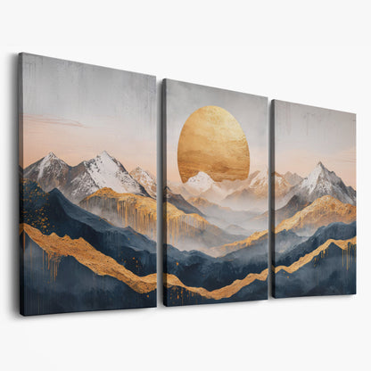 Golden Sun and Mountain Range Abstract Canvas as 3-panel split version
