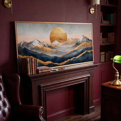 Golden Sun and Mountain Range Abstract Canvas in antique gold floating frame