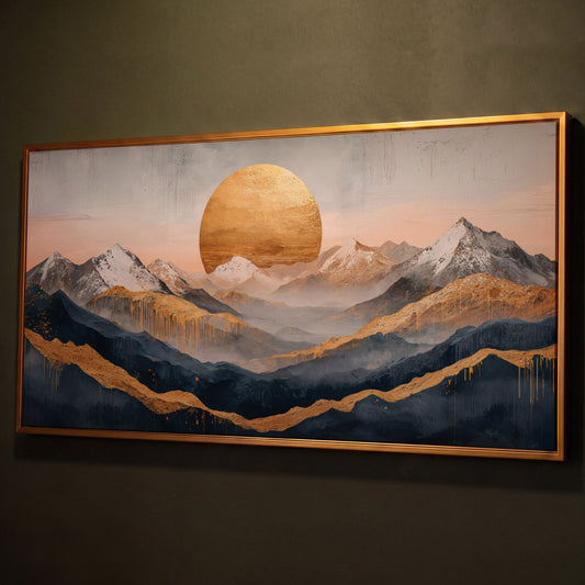 Golden Sun and Mountain Range Abstract Canvas shown in antique gold floating frame