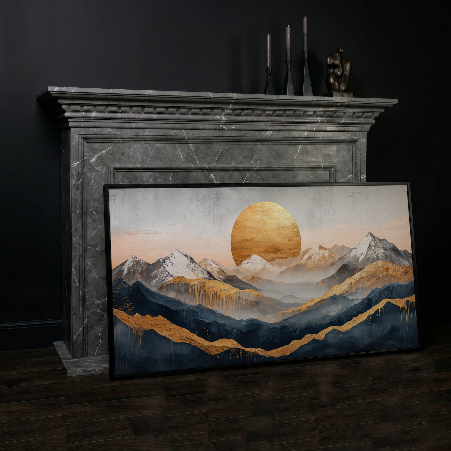 Golden Sun and Mountain Range Abstract Canvas in black floating frame