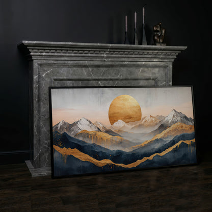 Golden Sun and Mountain Range Abstract Canvas in black floating frame