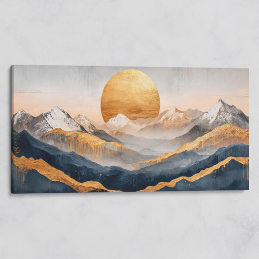 Golden Sun and Mountain Range Abstract Canvas on gallery wrap