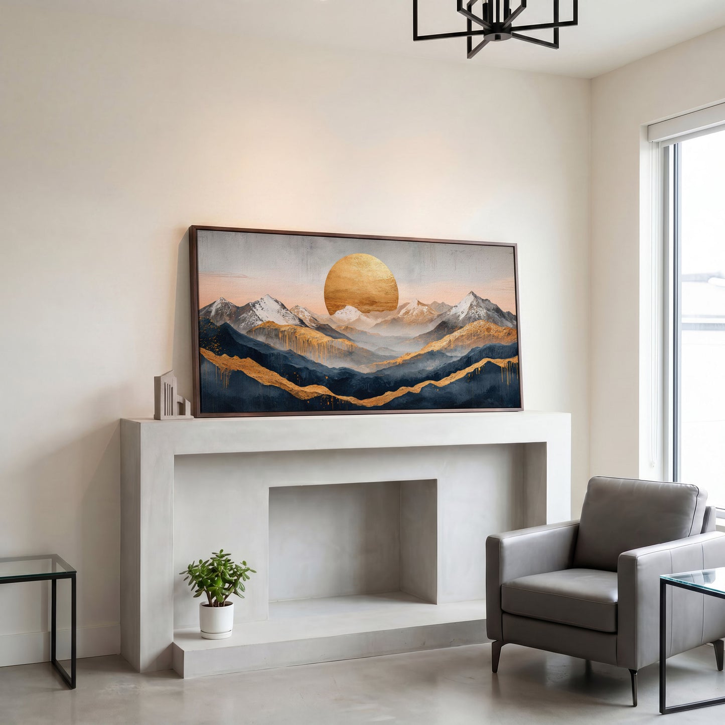 Golden Sun and Mountain Range Abstract Canvas in dark walnut floating frame