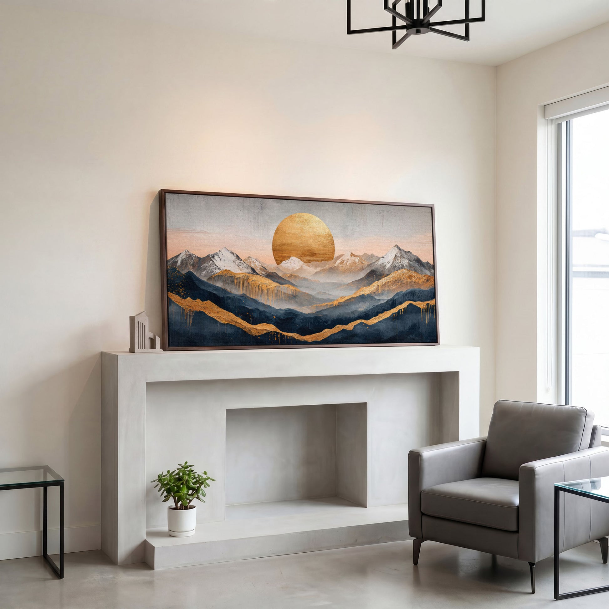 Golden Sun and Mountain Range Abstract Canvas in dark walnut floating frame