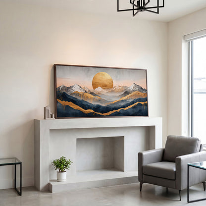 Golden Sun and Mountain Range Abstract Canvas in dark walnut floating frame