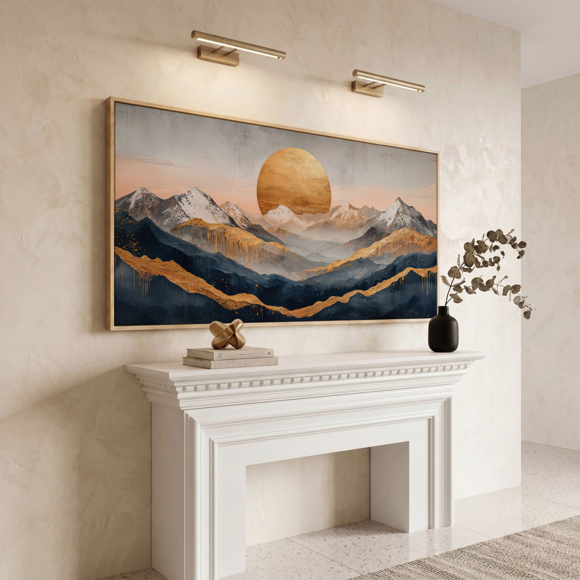 Golden Sun and Mountain Range Abstract Canvas in white oak floating frame