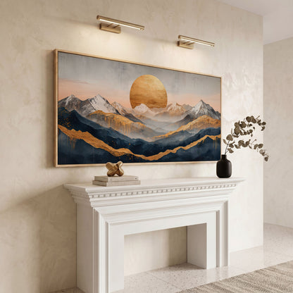 Golden Sun and Mountain Range Abstract Canvas in white oak floating frame