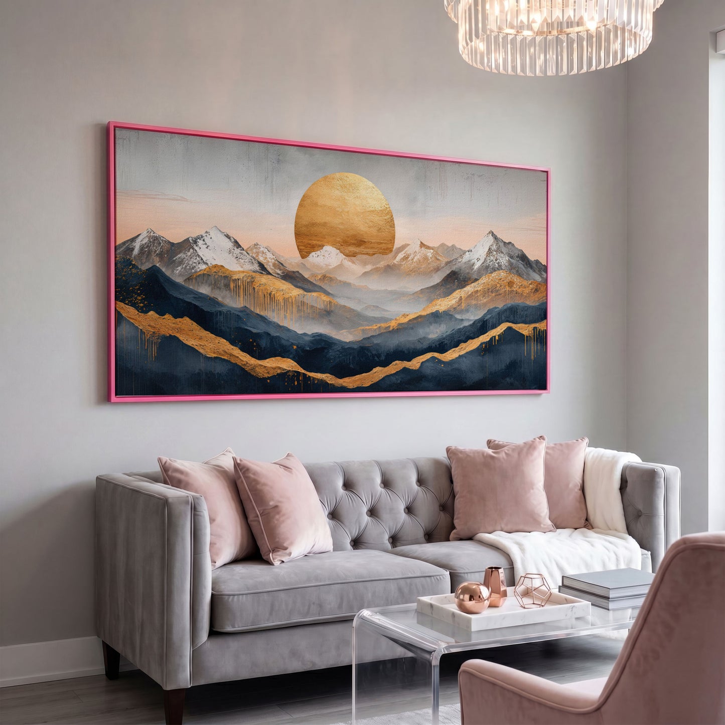 Golden Sun and Mountain Range Abstract Canvas in pink floating frame