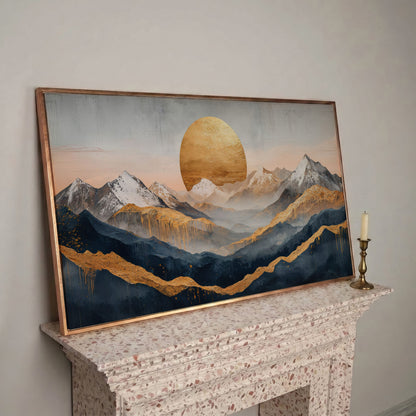 Golden Sun and Mountain Range Abstract Canvas in rose gold floating frame