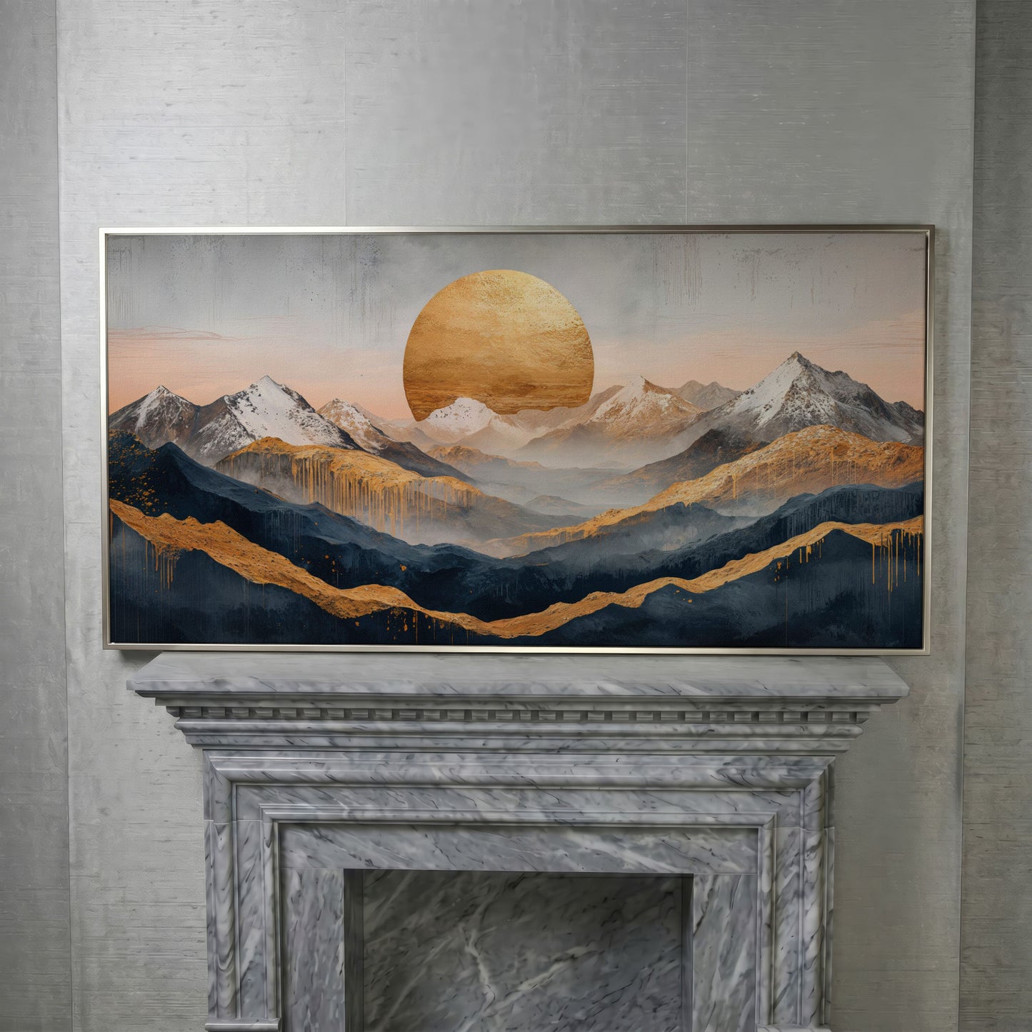 Golden Sun and Mountain Range Abstract Canvas in silver floating frame