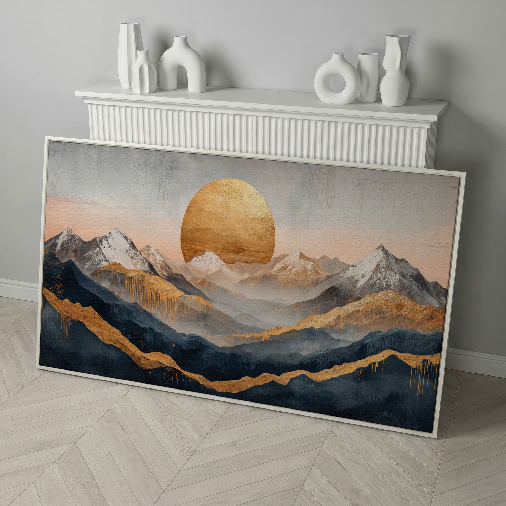 Golden Sun and Mountain Range Abstract Canvas in white floating frame