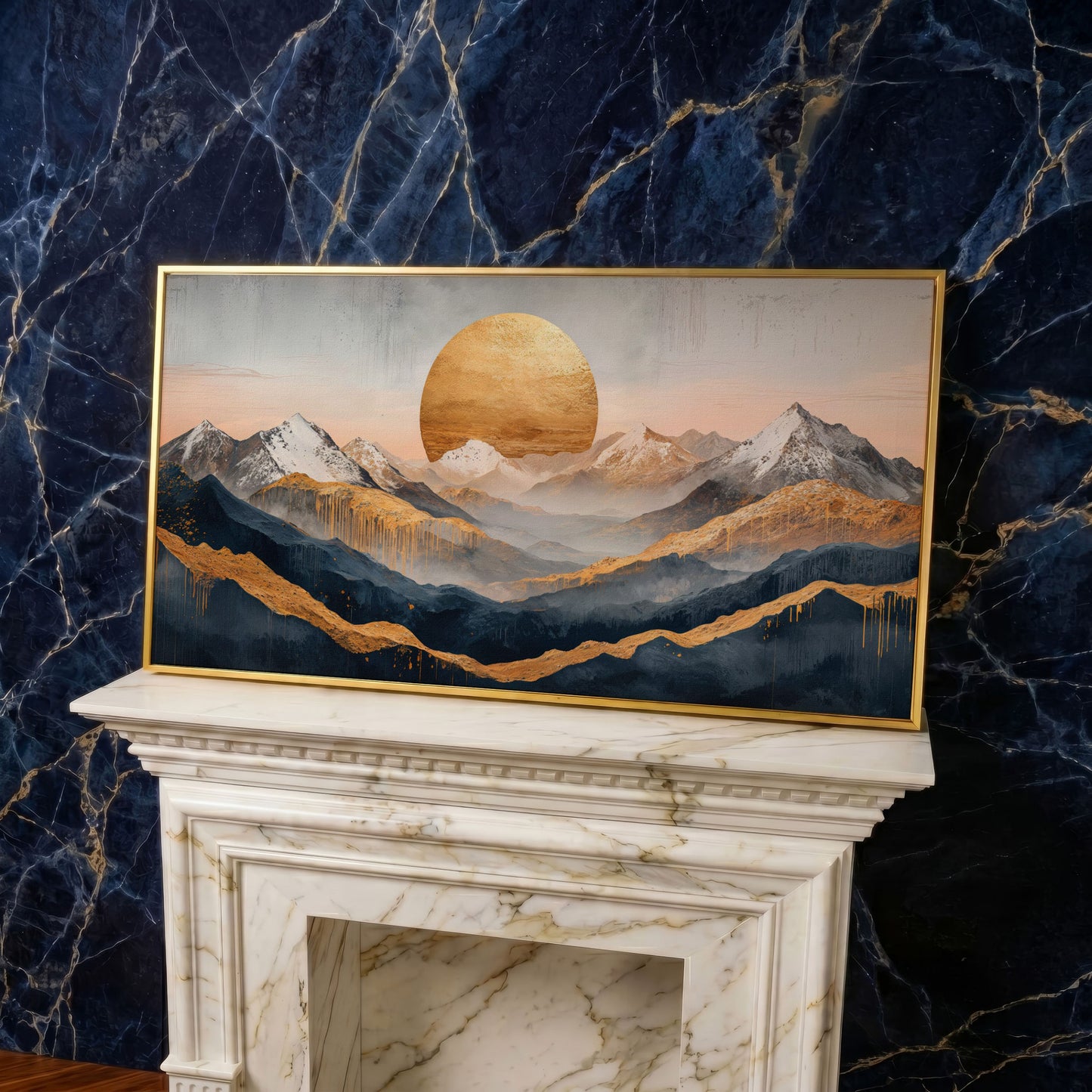 Golden Sun and Mountain Range Abstract Canvas in yellow gold floating frame