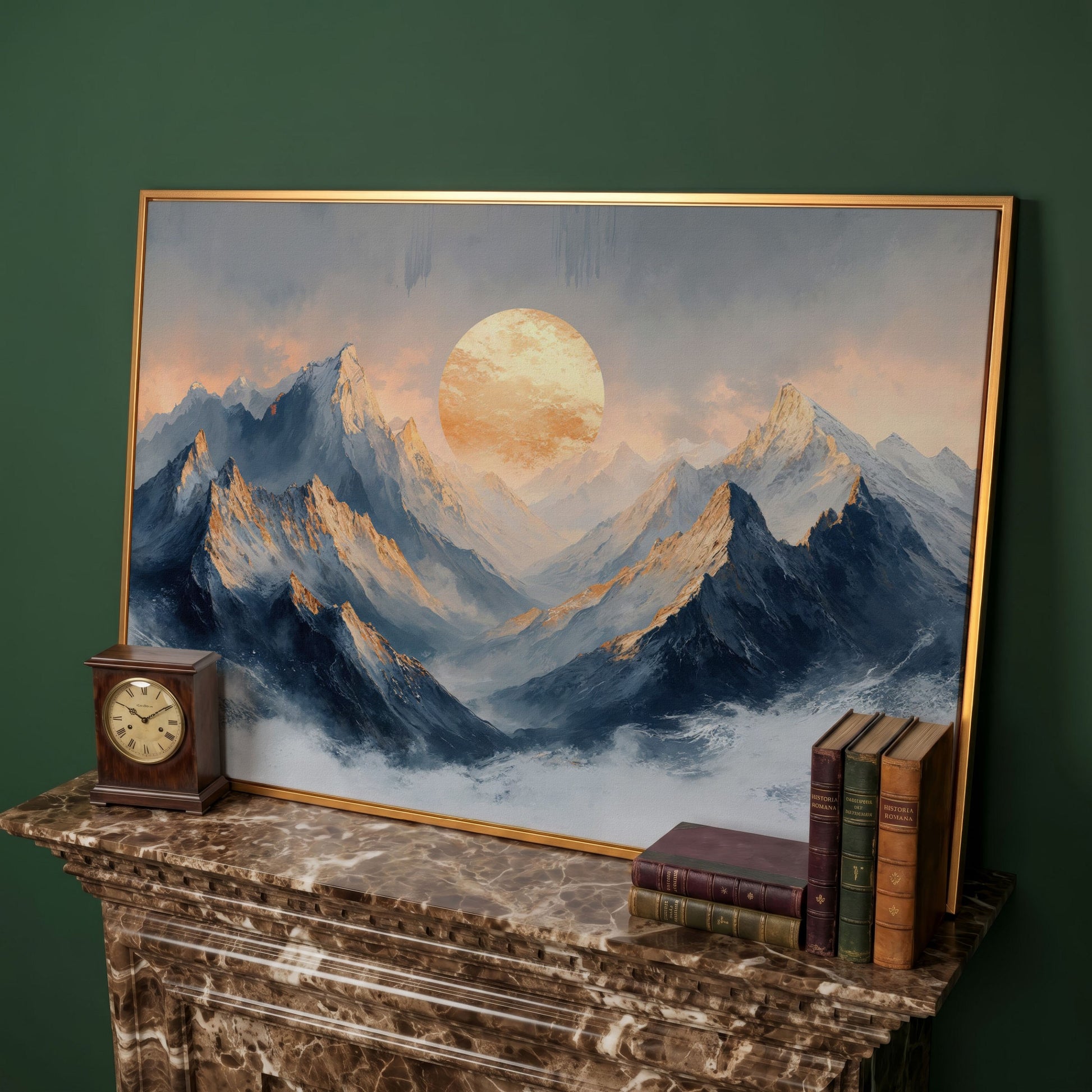 Sunlit Mountain Peaks Canvas in antique gold floating frame