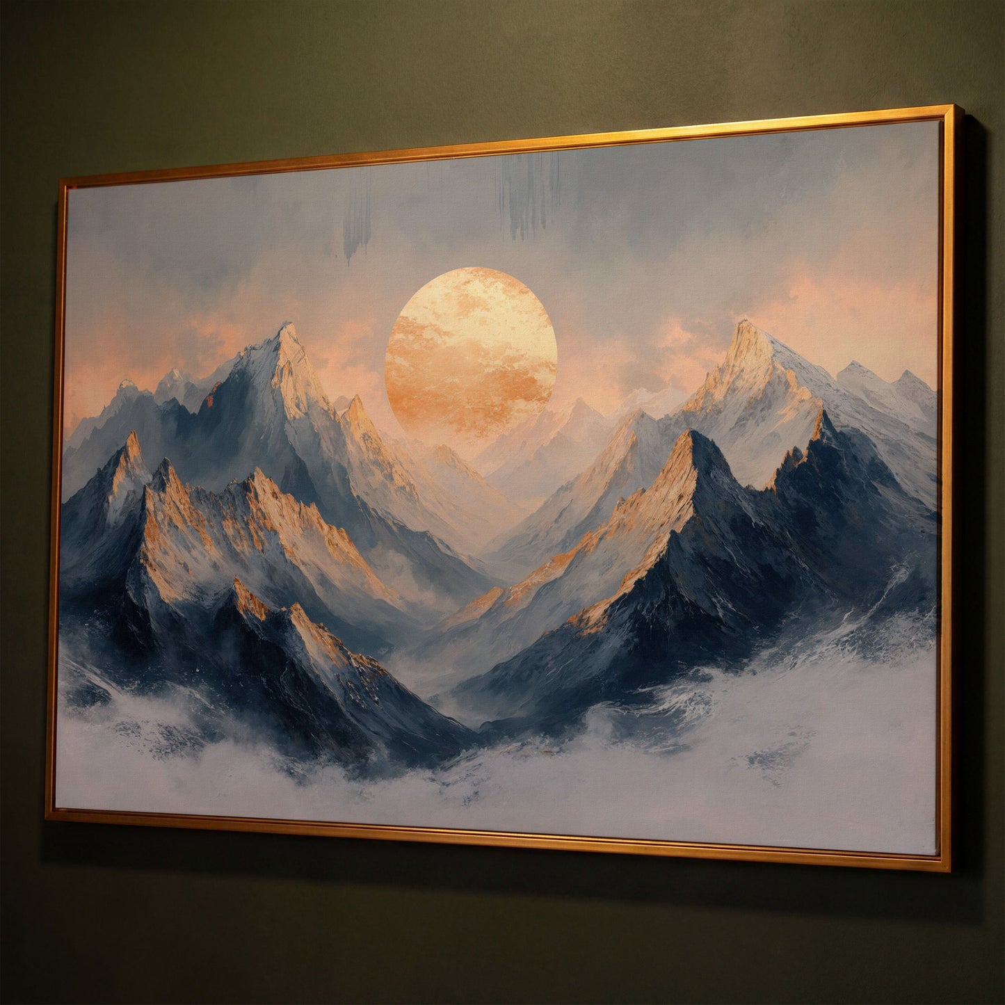 Sunlit Mountain Peaks Canvas shown in antique gold floating frame