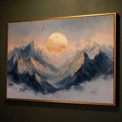 Sunlit Mountain Peaks Canvas shown in antique gold floating frame