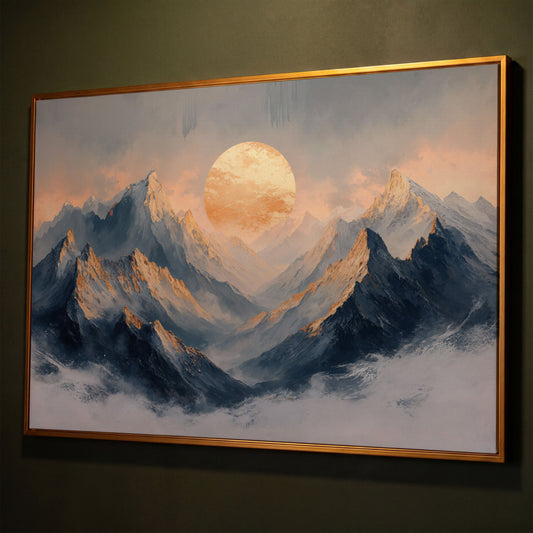 Sunlit Mountain Peaks Canvas shown in antique gold floating frame