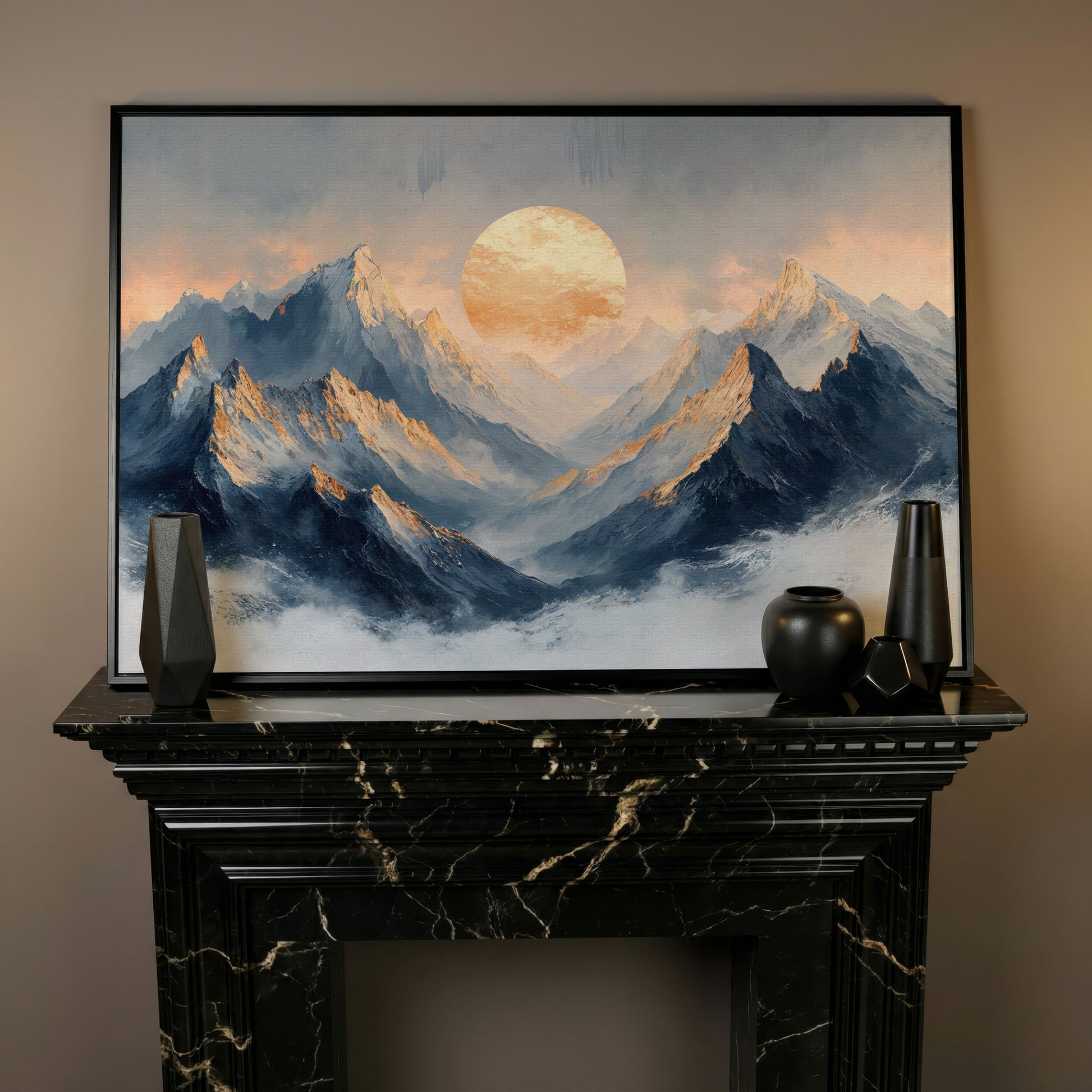 Sunlit Mountain Peaks Canvas in black floating frame