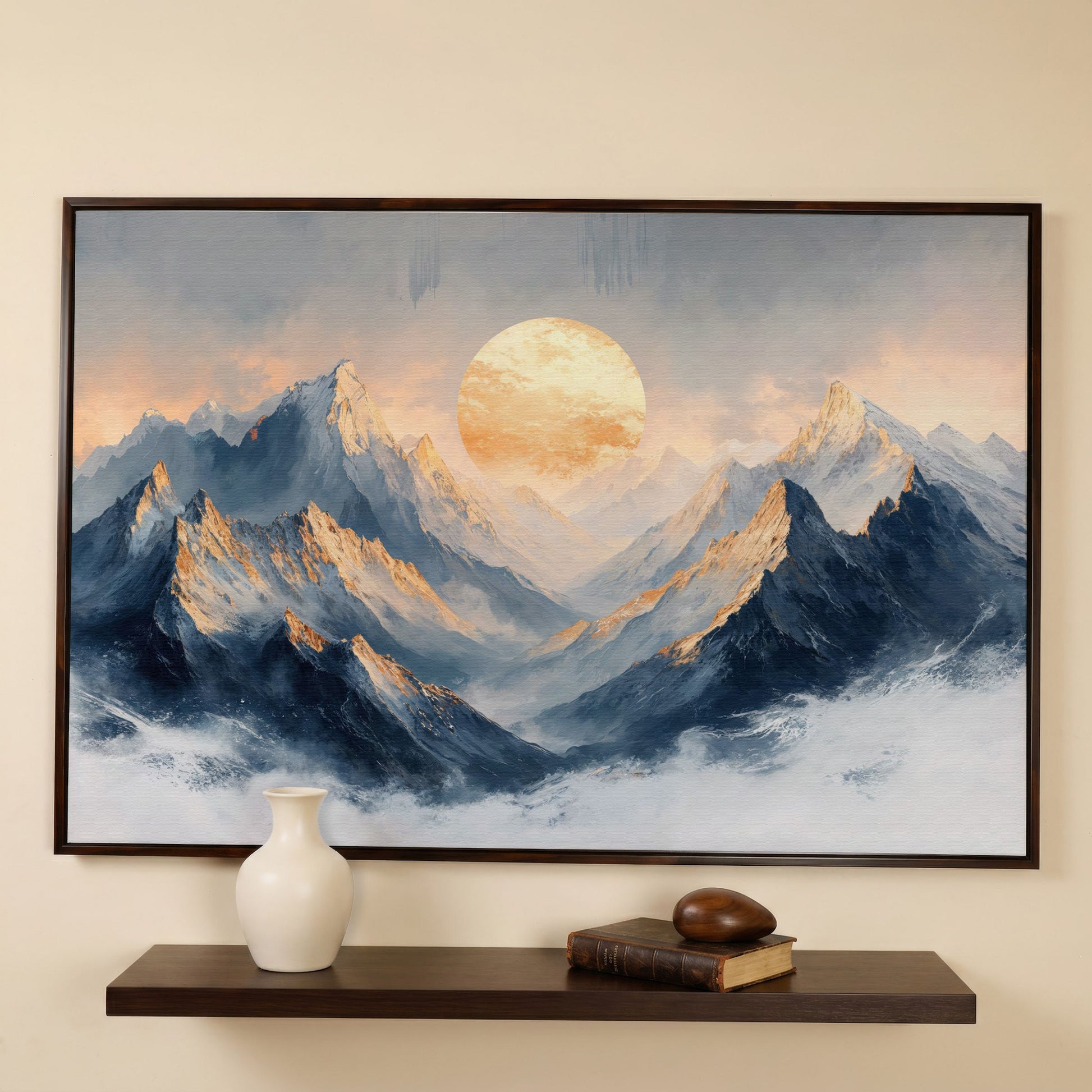 Sunlit Mountain Peaks Canvas in dark walnut floating frame