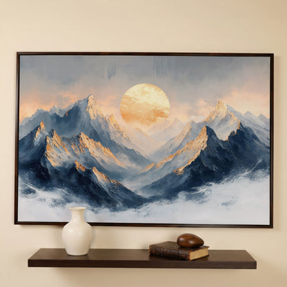 Sunlit Mountain Peaks Canvas in dark walnut floating frame