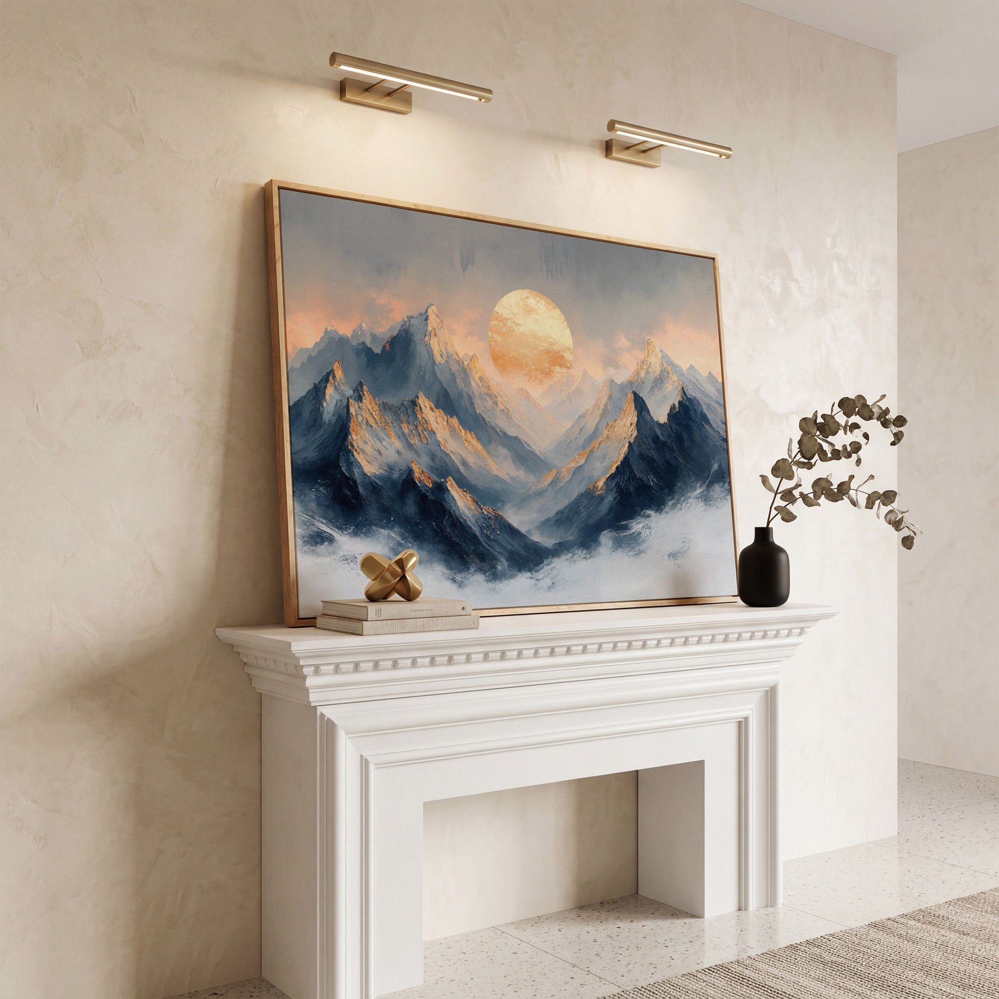 Sunlit Mountain Peaks Canvas in white oak floating frame